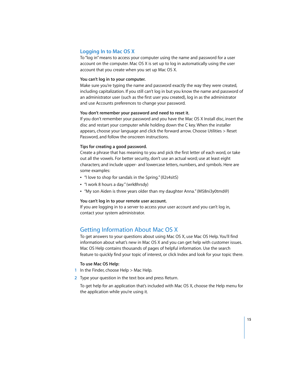 Logging in to macosx, Getting information about macosx, Getting information about mac os x | Apple Mac OS X v10.5 Leopard User Manual | Page 15 / 16