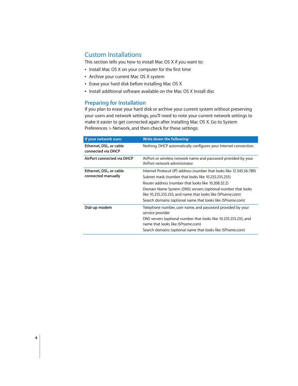 Custom installations, Preparing for installation | Apple Mac OS X v10.5 Leopard User Manual | Page 4 / 16