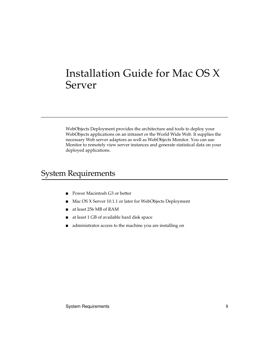 Installation guide for mac os x server, System requirements, 1 installation guide for mac os x server | Apple WebObjects 5.1 for Mac OS X Server User Manual | Page 5 / 8