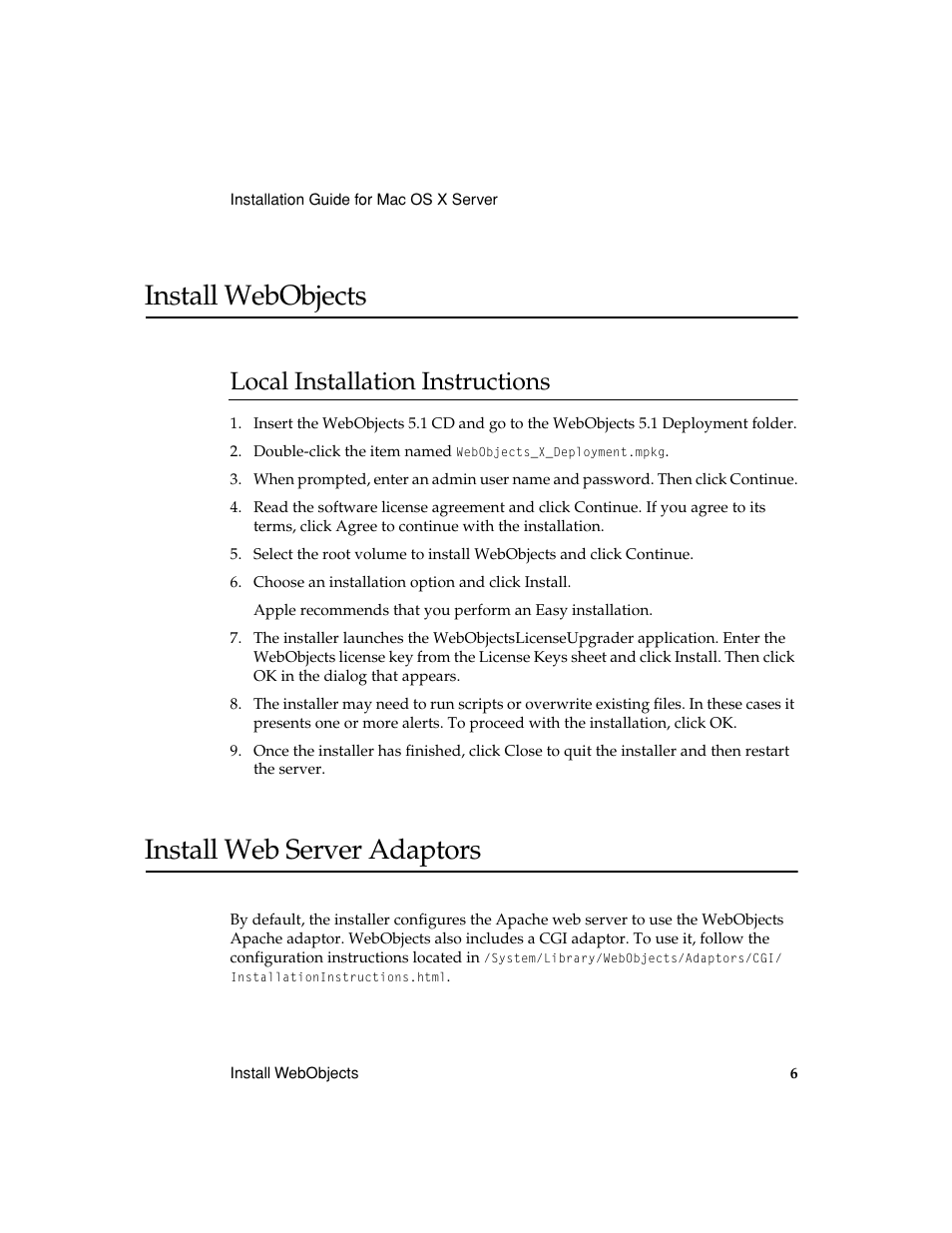 Install webobjects, Local installation instructions, Install web server adaptors | Apple WebObjects 5.1 for Mac OS X Server User Manual | Page 6 / 8