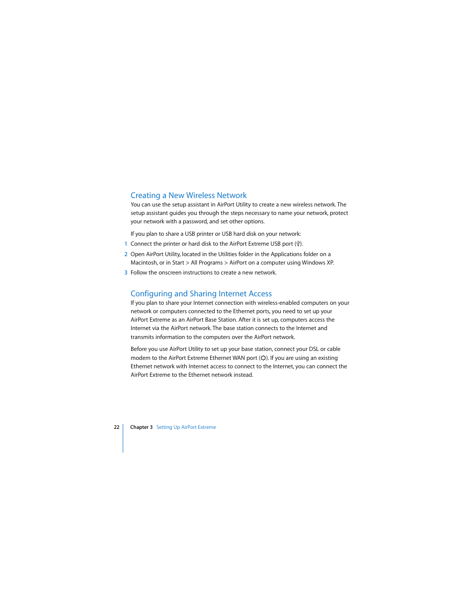 Creating a new wireless network, Configuring and sharing internet access | Apple AirPort Extreme 802.11n (2nd Generation) User Manual | Page 22 / 40