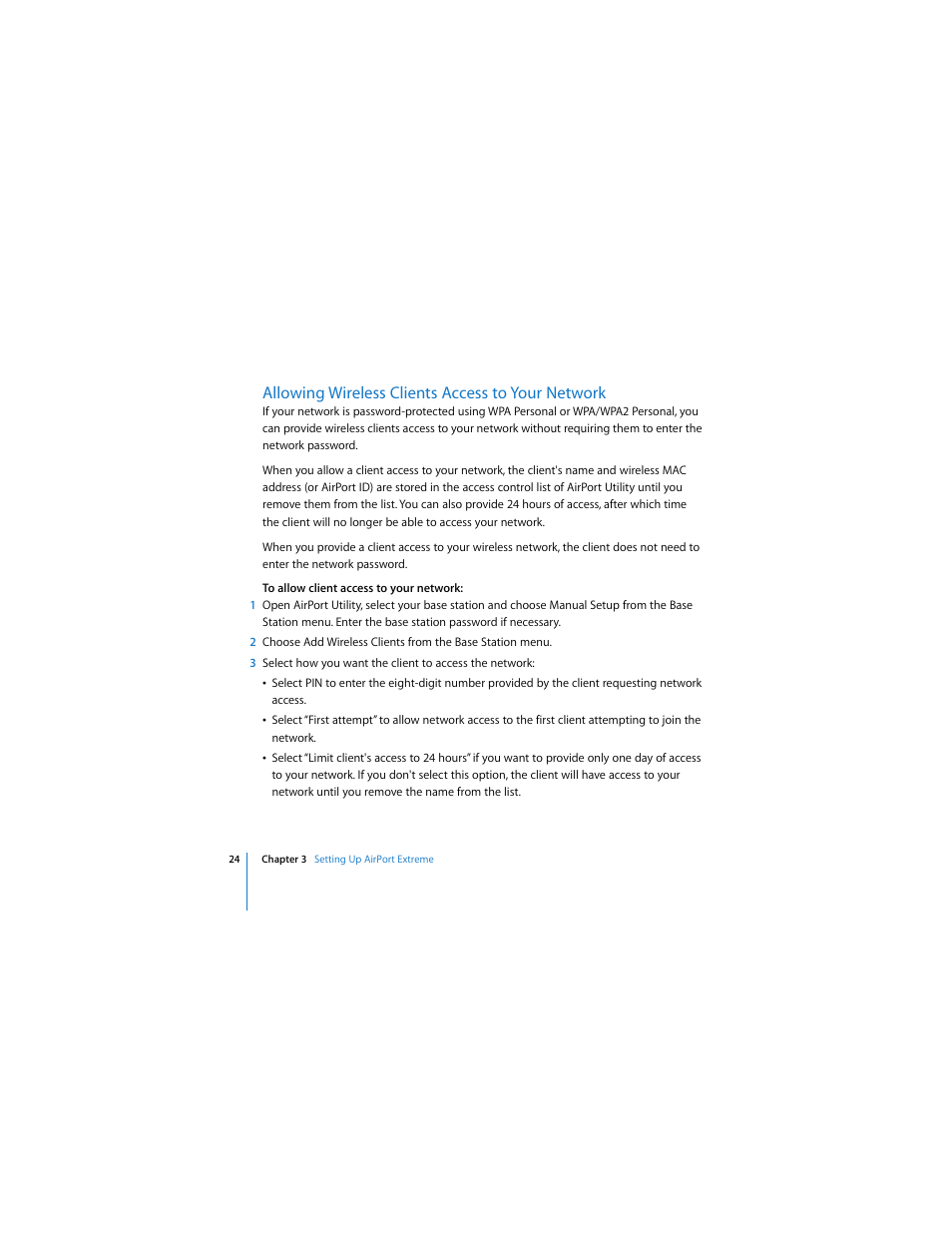 Allowing wireless clients access to your network | Apple AirPort Extreme 802.11n (2nd Generation) User Manual | Page 24 / 40