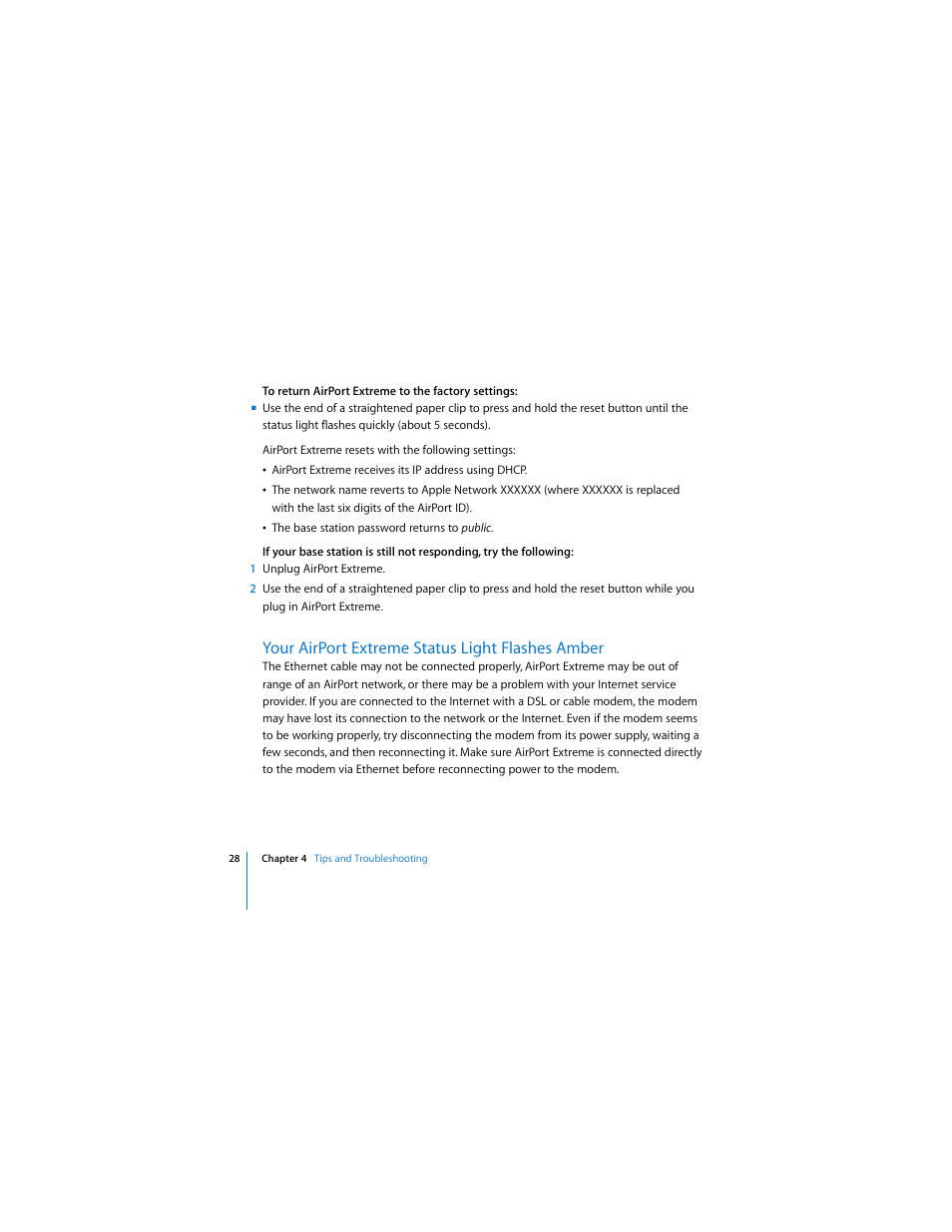 Your airport extreme status light flashes amber | Apple AirPort Extreme 802.11n (2nd Generation) User Manual | Page 28 / 40