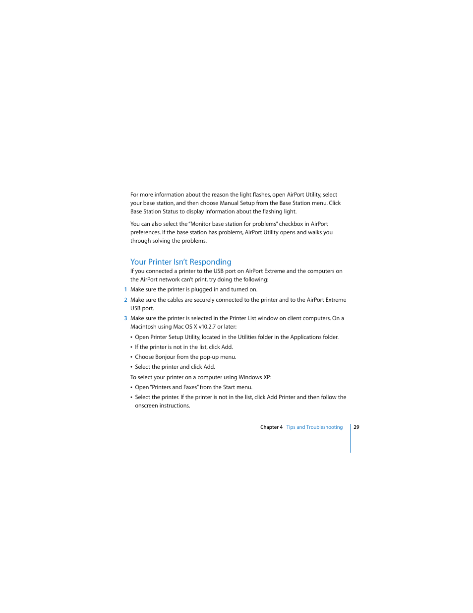 Your printer isn’t responding | Apple AirPort Extreme 802.11n (2nd Generation) User Manual | Page 29 / 40