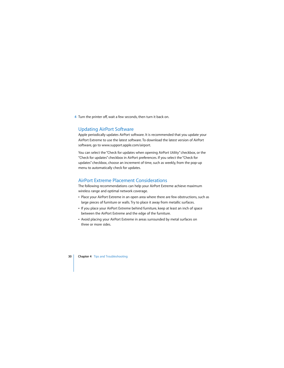 Updating airport software, Airport extreme placement considerations | Apple AirPort Extreme 802.11n (2nd Generation) User Manual | Page 30 / 40