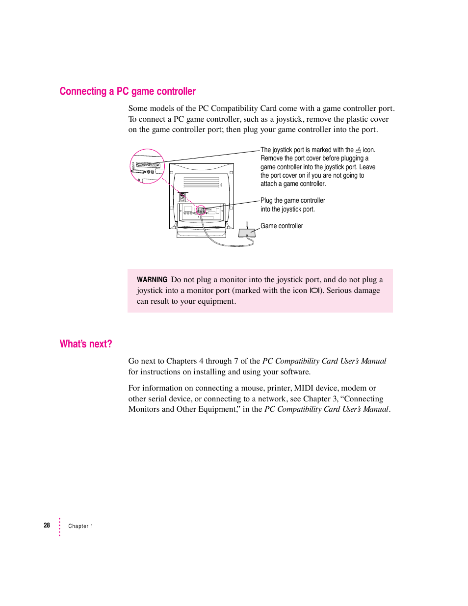 Connecting a pc game controller, What’s next | Apple PC Compatibility Card (Installation) User Manual | Page 28 / 85