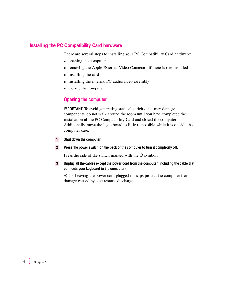 Installing the pc compatibility card hardware, Opening the computer | Apple PC Compatibility Card (Installation) User Manual | Page 4 / 85