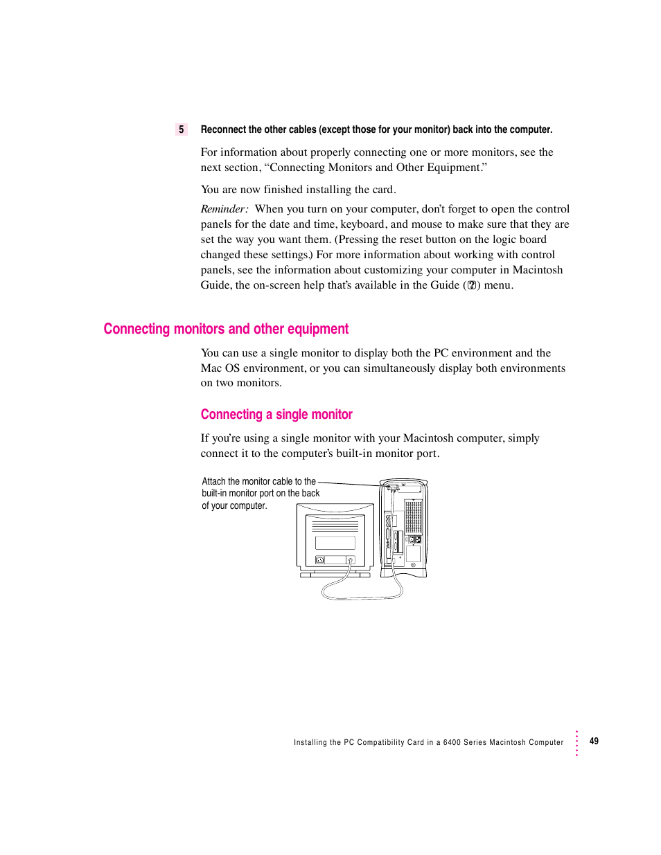 Connecting monitors and other equipment, Connecting a single monitor | Apple PC Compatibility Card (Installation) User Manual | Page 49 / 85