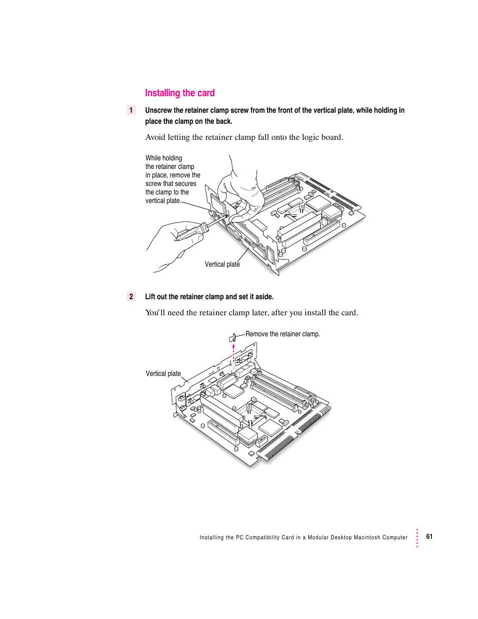 Installing the card | Apple PC Compatibility Card (Installation) User Manual | Page 61 / 85