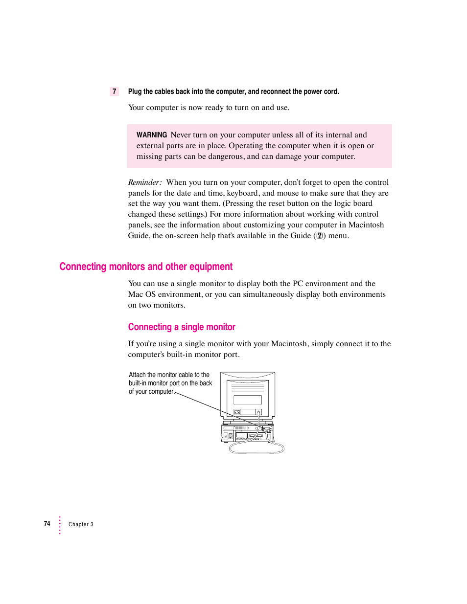 Connecting monitors and other equipment, Connecting a single monitor | Apple PC Compatibility Card (Installation) User Manual | Page 74 / 85