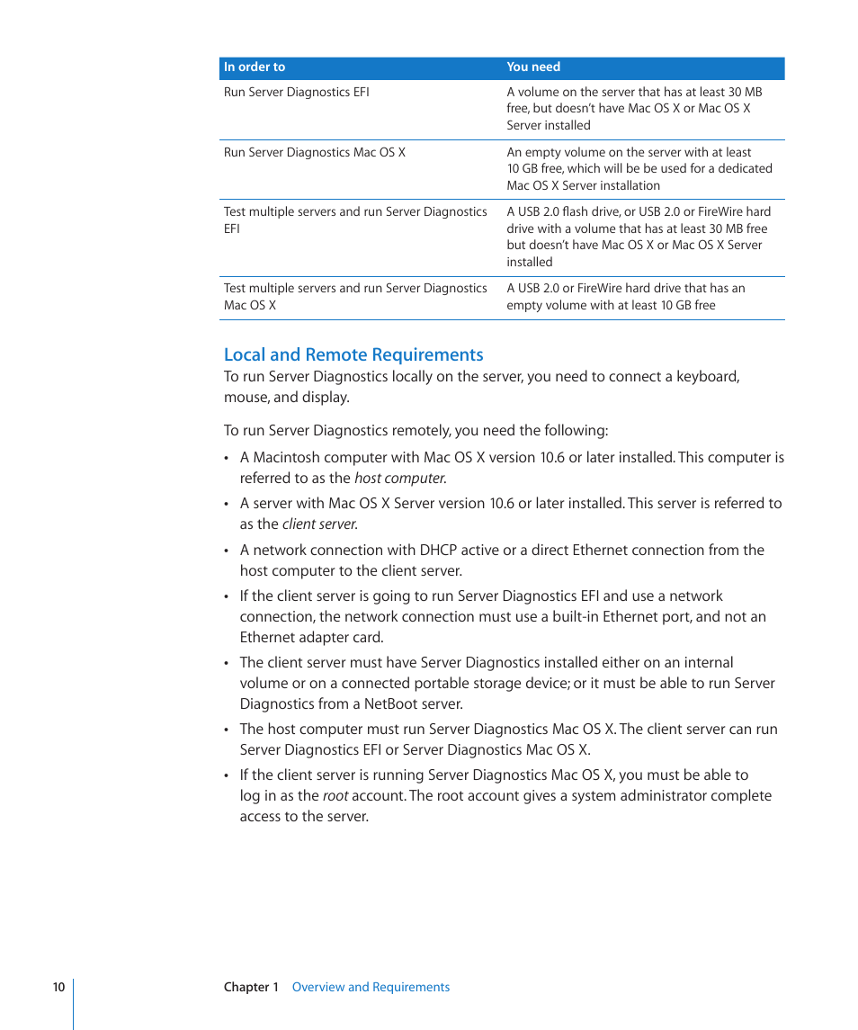 Local and remote requirements | Apple Server Diagnostics User Manual | Page 10 / 54