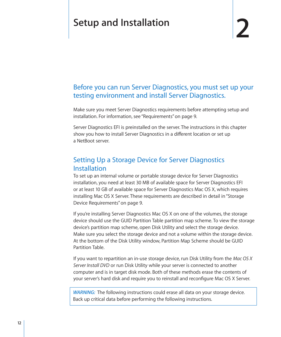 Chapter 2: setup and installation, Setup and installation | Apple Server Diagnostics User Manual | Page 12 / 54