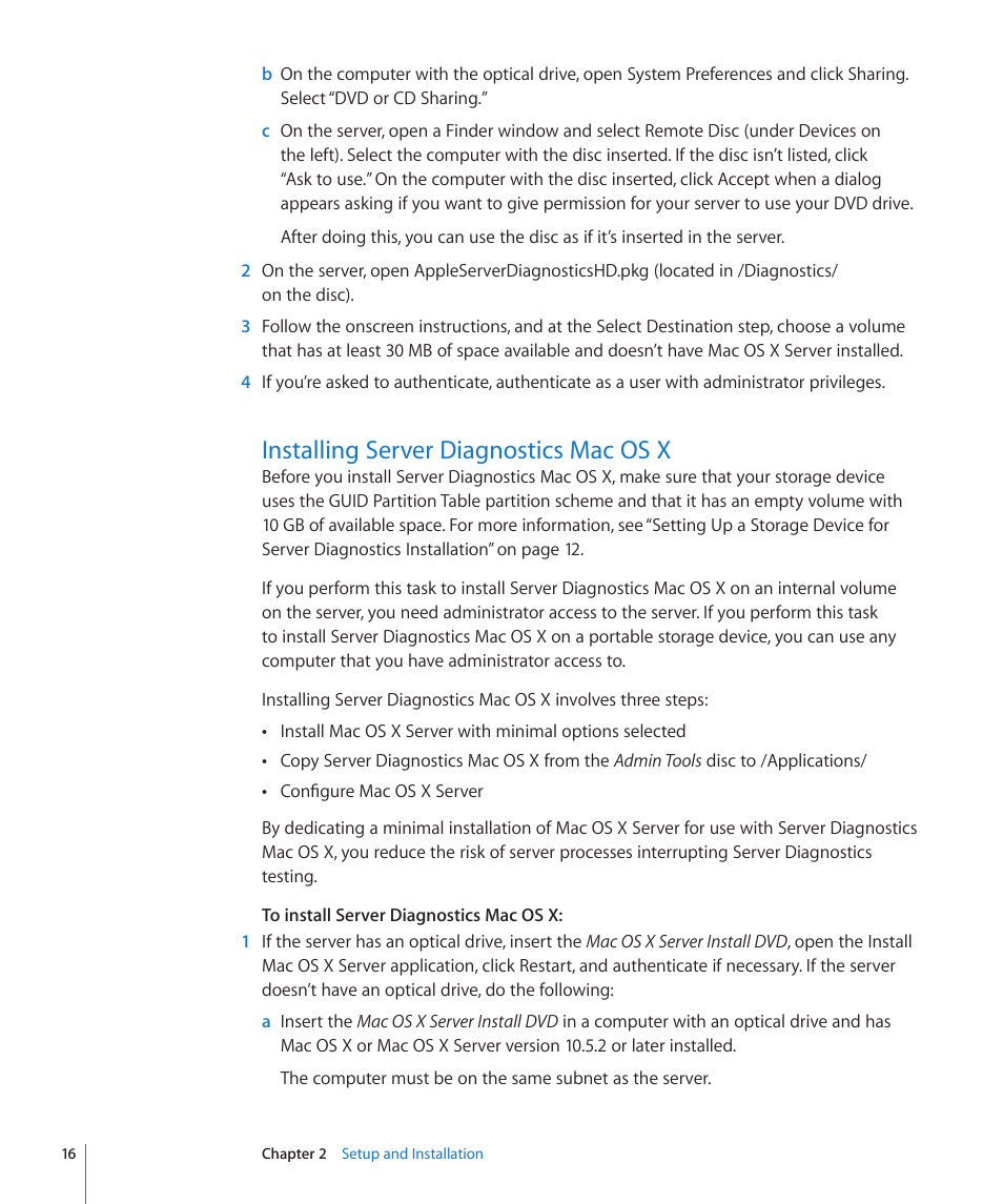 Installing server diagnostics mac os x, 16 installing server diagnostics mac os x | Apple Server Diagnostics User Manual | Page 16 / 54