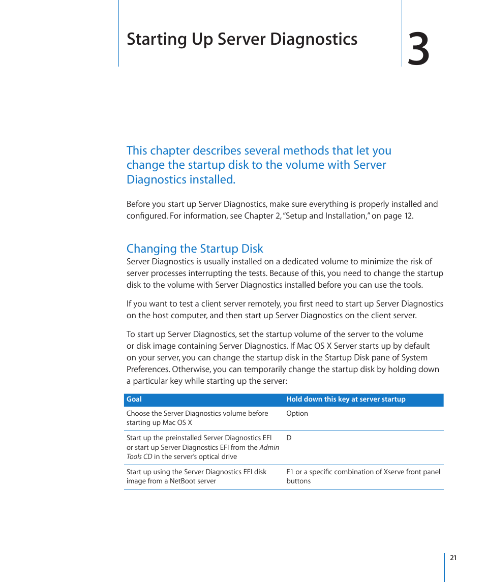 Chapter 3: starting up server diagnostics, Changing the startup disk, 21 changing the startup disk | Starting up server diagnostics | Apple Server Diagnostics User Manual | Page 21 / 54