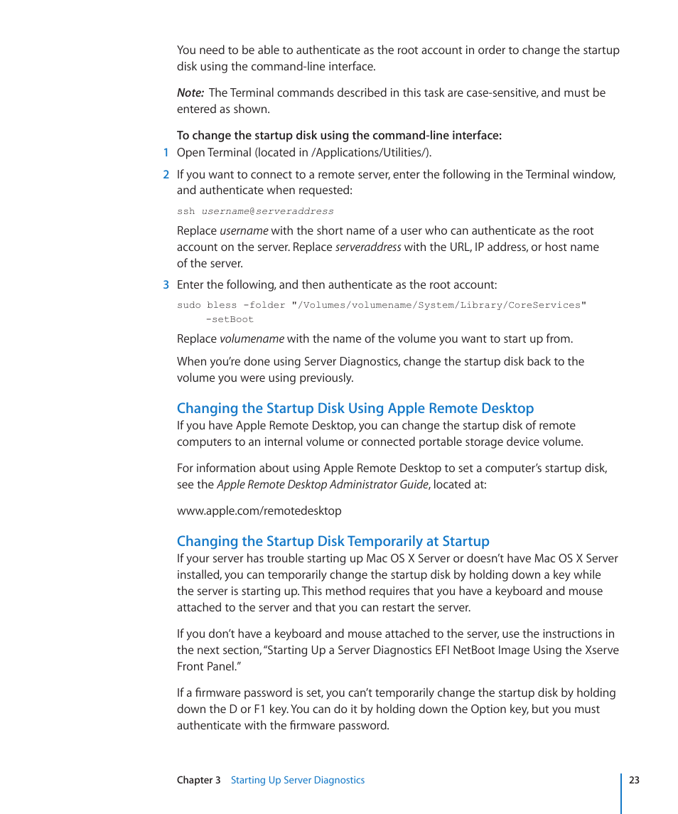 Changing the startup disk temporarily at startup | Apple Server Diagnostics User Manual | Page 23 / 54