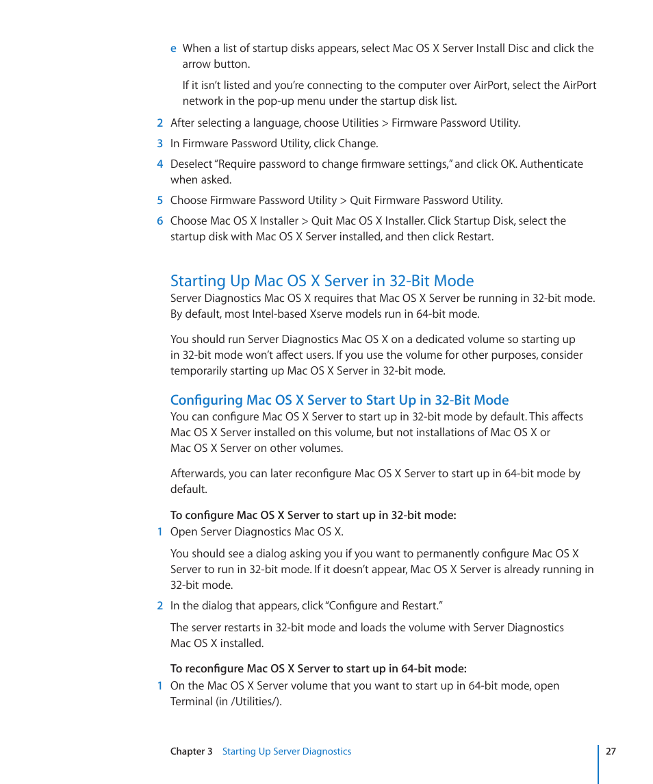 Starting up mac os x server in 32-bit mode, 27 starting up mac os x server in 32-bit mode 27 | Apple Server Diagnostics User Manual | Page 27 / 54