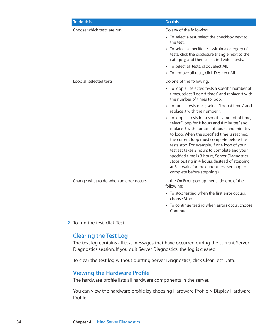 Clearing the test log, Viewing the hardware profile | Apple Server Diagnostics User Manual | Page 34 / 54