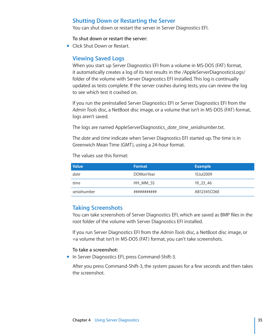 Shutting down or restarting the server, Viewing saved logs, Taking screenshots | Apple Server Diagnostics User Manual | Page 35 / 54