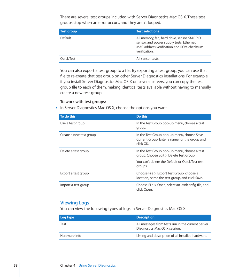 Viewing logs | Apple Server Diagnostics User Manual | Page 38 / 54