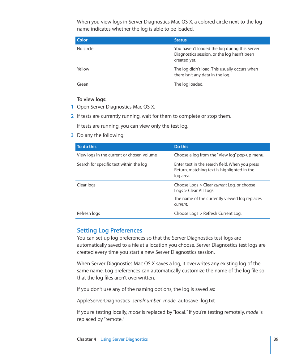 Setting log preferences | Apple Server Diagnostics User Manual | Page 39 / 54