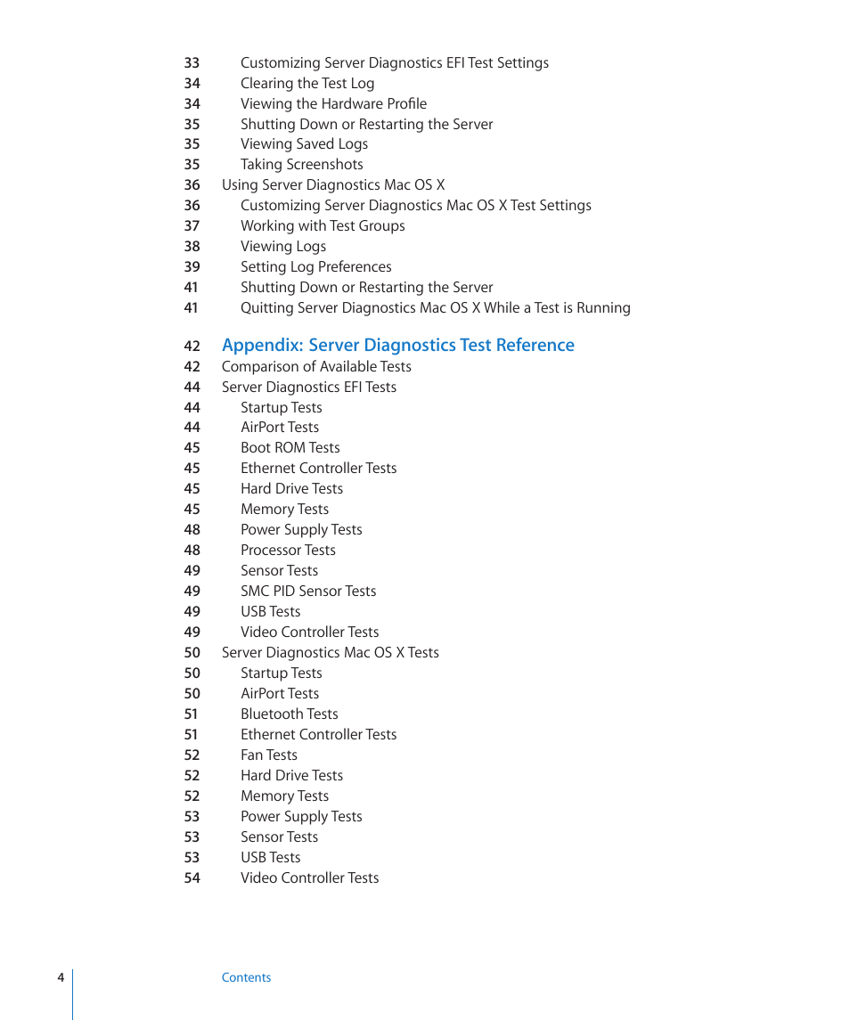 Appendix: server diagnostics test reference | Apple Server Diagnostics User Manual | Page 4 / 54