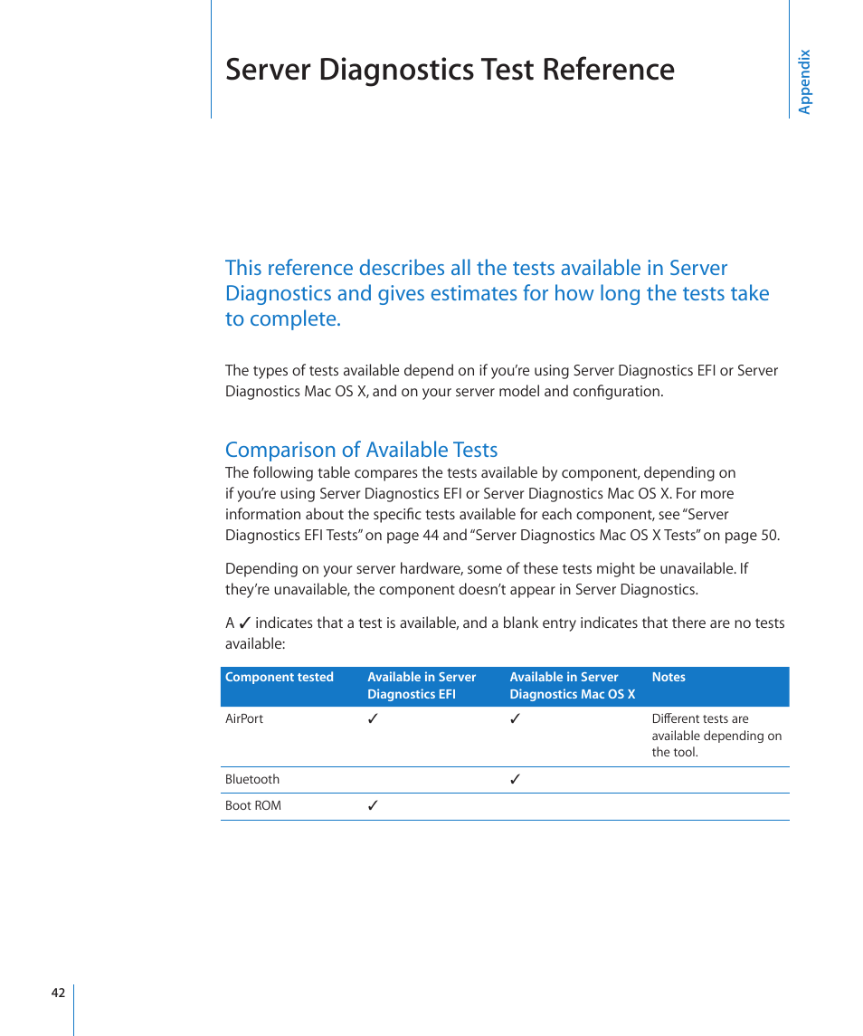 Appendix: server diagnostics test reference, Comparison of available tests, Appendix: server diagnostics test reference | 42 comparison of available tests, Server diagnostics test reference | Apple Server Diagnostics User Manual | Page 42 / 54