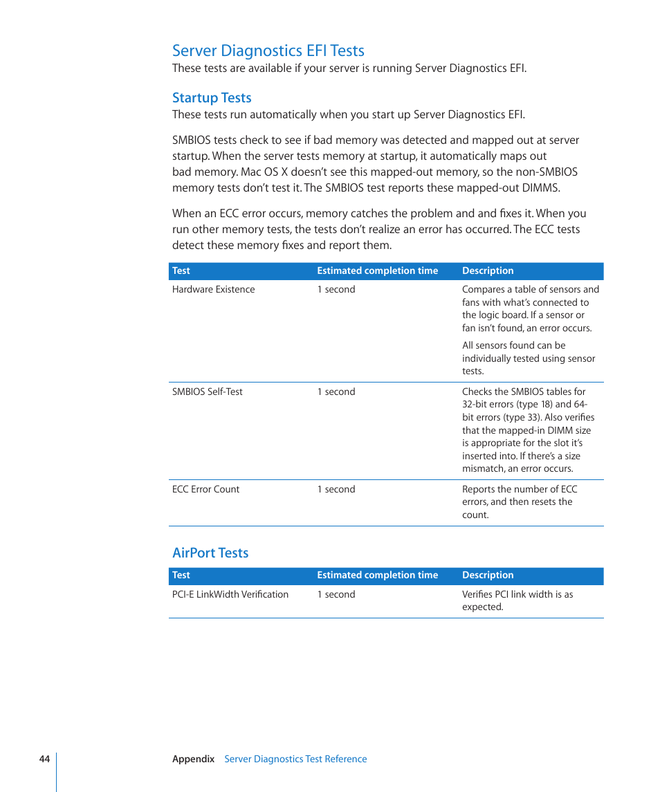 Server diagnostics efi tests, Startup tests, Airport tests | 44 server diagnostics efi tests 44 | Apple Server Diagnostics User Manual | Page 44 / 54