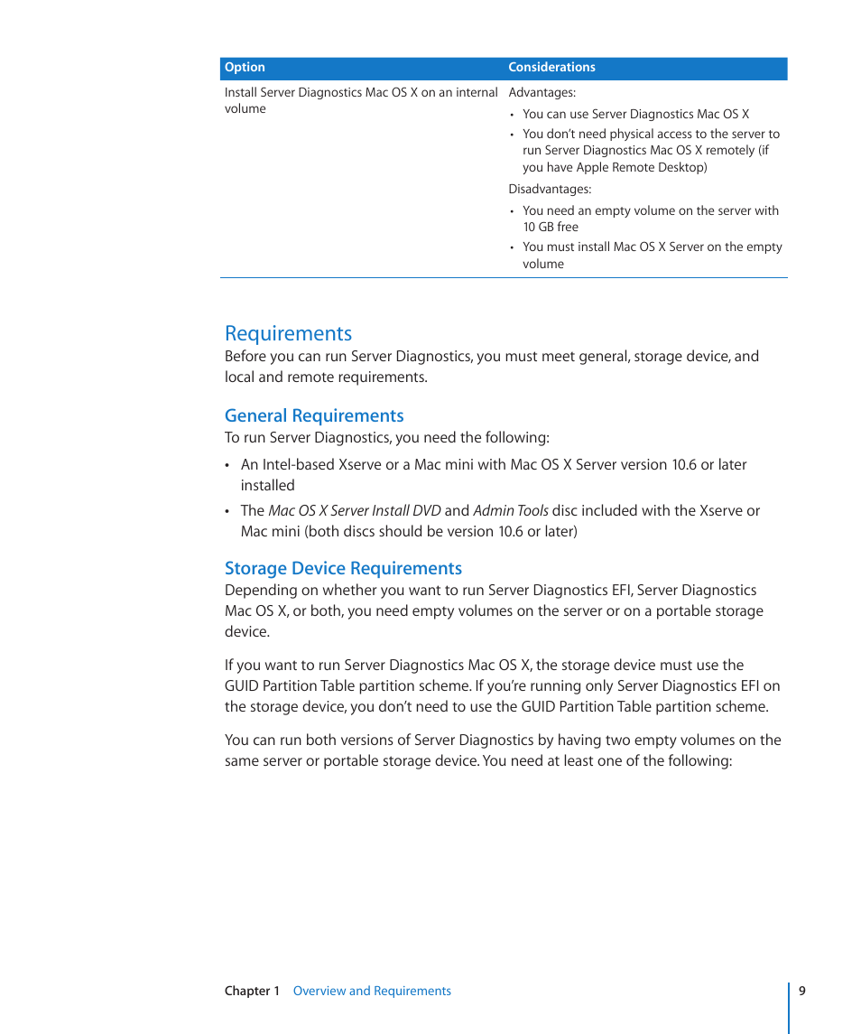 Requirements, General requirements, Storage device requirements | Apple Server Diagnostics User Manual | Page 9 / 54