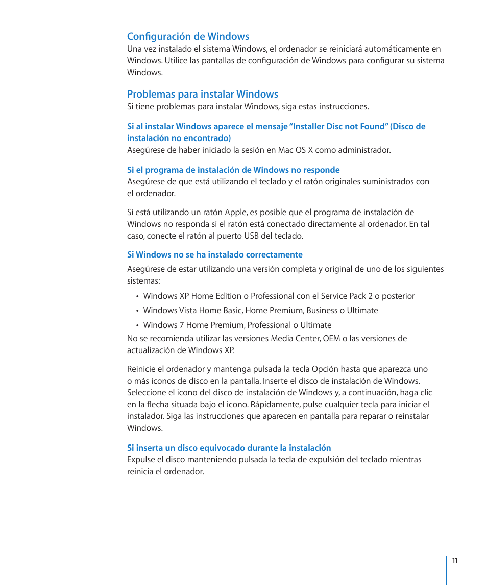 Configuración de windows, Problemas para instalar windows, Si windows no se ha instalado correctamente | Instalación no encontrado) | Apple Boot Camp Mac OS X v10.6 Snow Leopard User Manual | Page 11 / 19