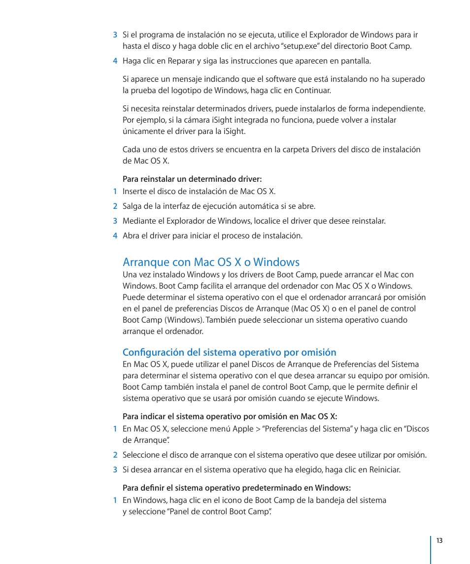 Arranque con mac os x o windows, Configuración del sistema operativo por omisión | Apple Boot Camp Mac OS X v10.6 Snow Leopard User Manual | Page 13 / 19