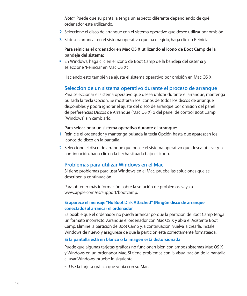 Problemas para utilizar windows en el mac, 14 problemas para utilizar windows en el mac, Conectado) al arrancar el ordenador | Apple Boot Camp Mac OS X v10.6 Snow Leopard User Manual | Page 14 / 19