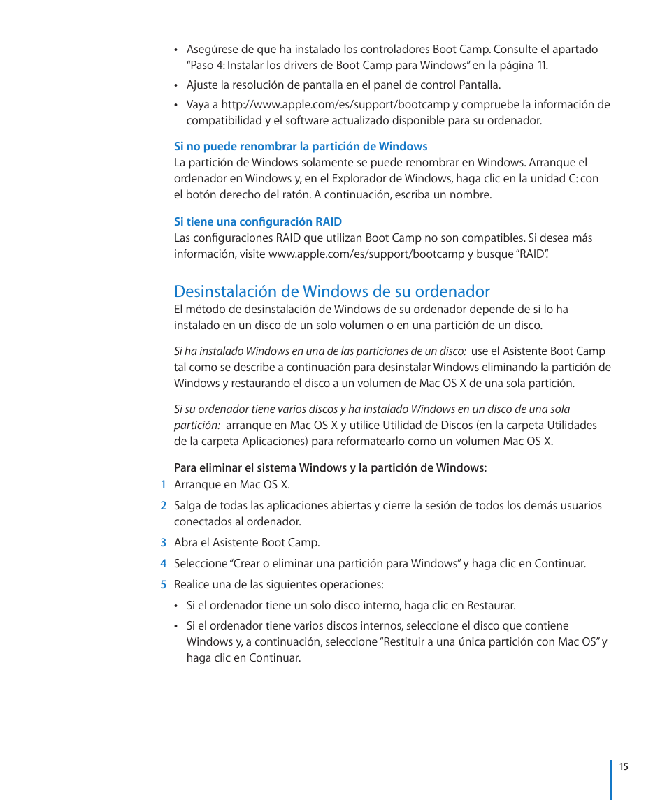 Si no puede renombrar la partición de windows, Si tiene una configuración raid, Desinstalación de windows de su ordenador | Apple Boot Camp Mac OS X v10.6 Snow Leopard User Manual | Page 15 / 19