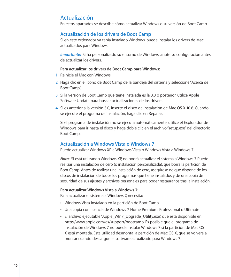 Actualización, Actualización de los drivers de boot camp, Actualización a windows vista o windows 7 | 16 actualización a windows vista o windows 7 | Apple Boot Camp Mac OS X v10.6 Snow Leopard User Manual | Page 16 / 19