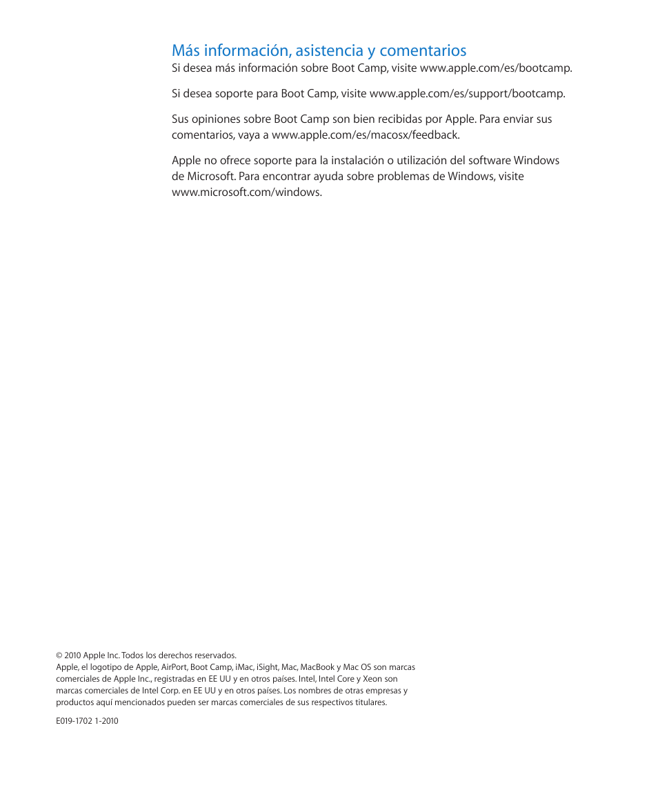 Más información, asistencia y comentarios | Apple Boot Camp Mac OS X v10.6 Snow Leopard User Manual | Page 19 / 19