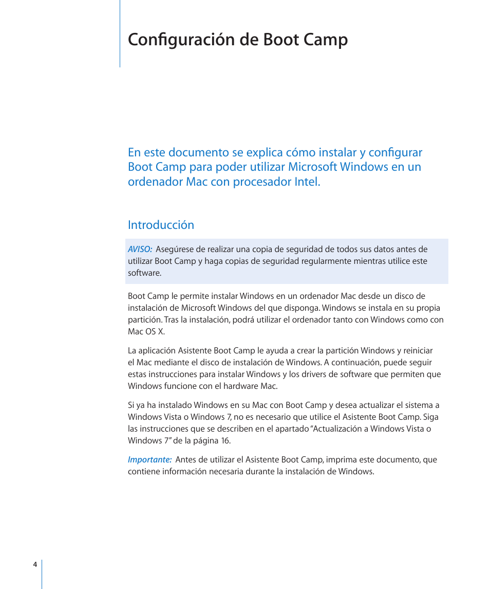 Configuración de boot camp, Introducción | Apple Boot Camp Mac OS X v10.6 Snow Leopard User Manual | Page 4 / 19