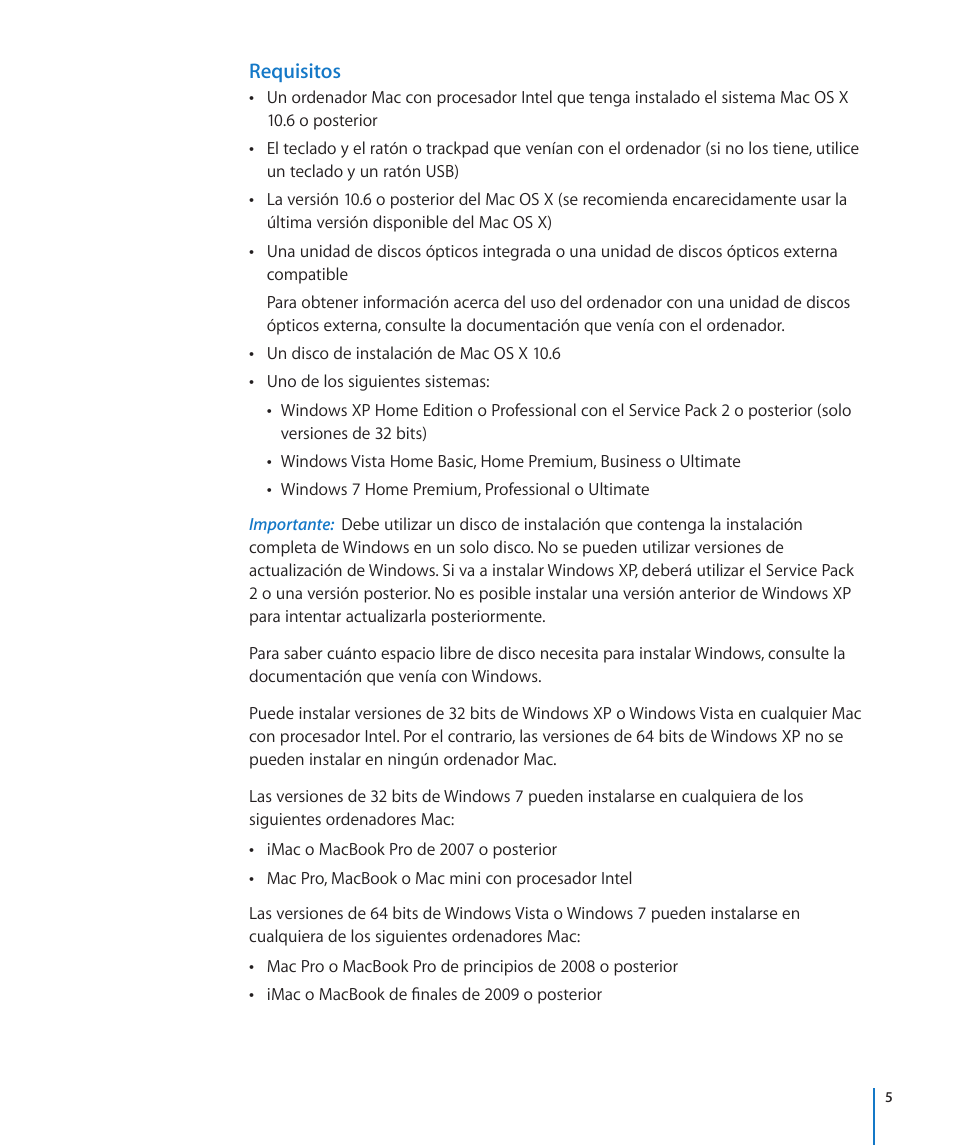 Requisitos | Apple Boot Camp Mac OS X v10.6 Snow Leopard User Manual | Page 5 / 19
