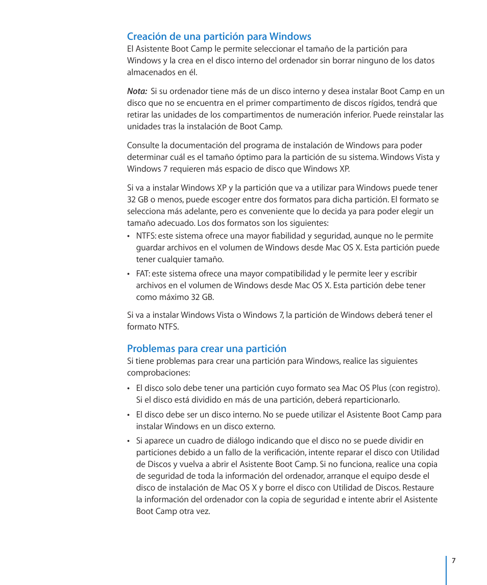 Creación de una partición para windows, Problemas para crear una partición | Apple Boot Camp Mac OS X v10.6 Snow Leopard User Manual | Page 7 / 19