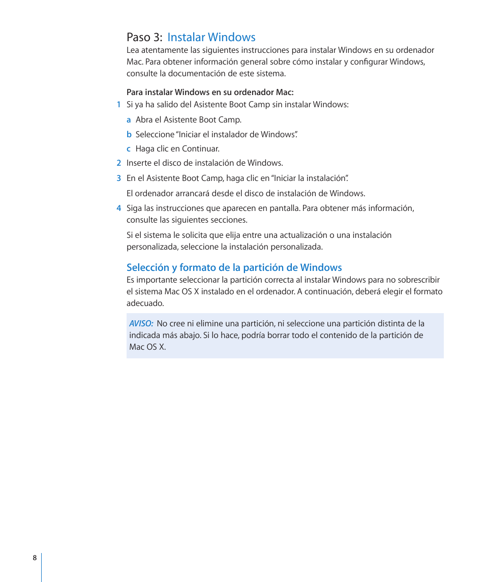 Paso 3: instalar windows, Selección y formato de la partición de windows | Apple Boot Camp Mac OS X v10.6 Snow Leopard User Manual | Page 8 / 19