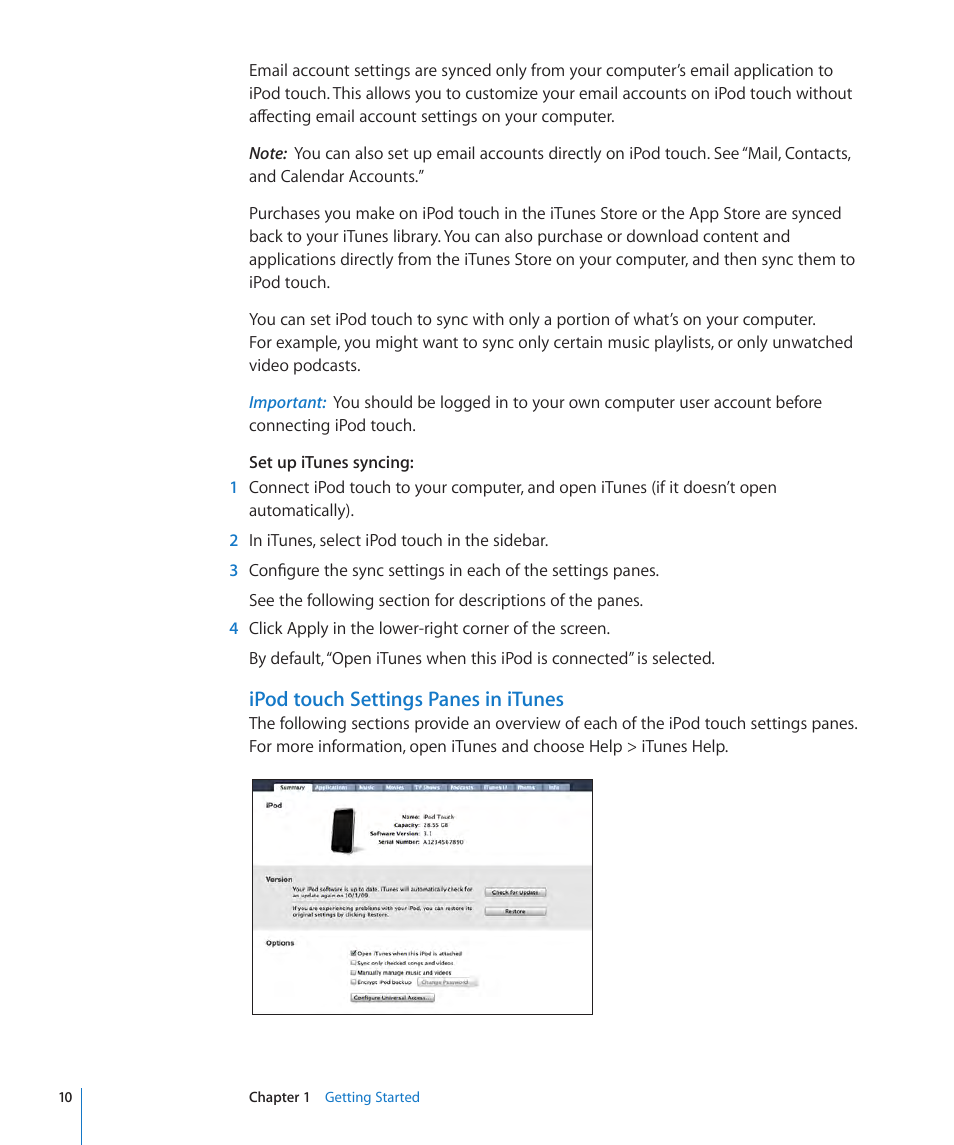Ipod touch settings panes in itunes | Apple iPod touch iOS 3.1 User Manual | Page 10 / 169