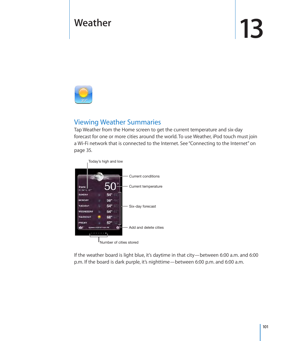 Chapter 13: weather, Viewing weather summaries, 101 viewing weather summaries | Weather | Apple iPod touch iOS 3.1 User Manual | Page 101 / 169