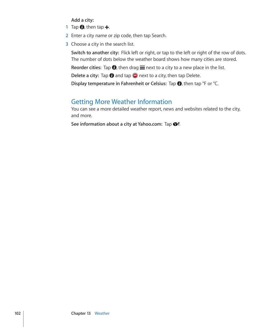 Getting more weather information, 102 getting more weather information | Apple iPod touch iOS 3.1 User Manual | Page 102 / 169