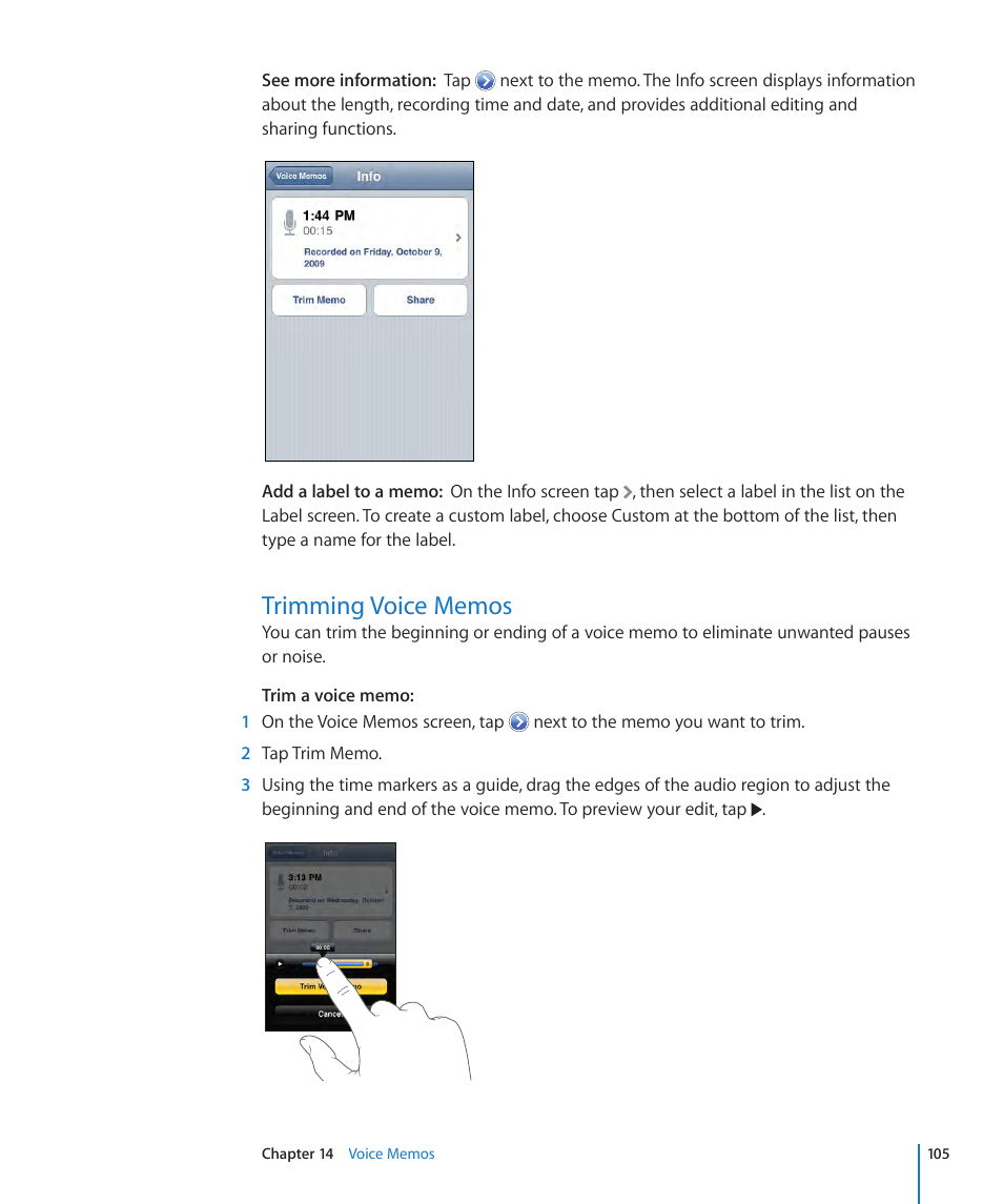 Trimming voice memos, 105 trimming voice memos | Apple iPod touch iOS 3.1 User Manual | Page 105 / 169