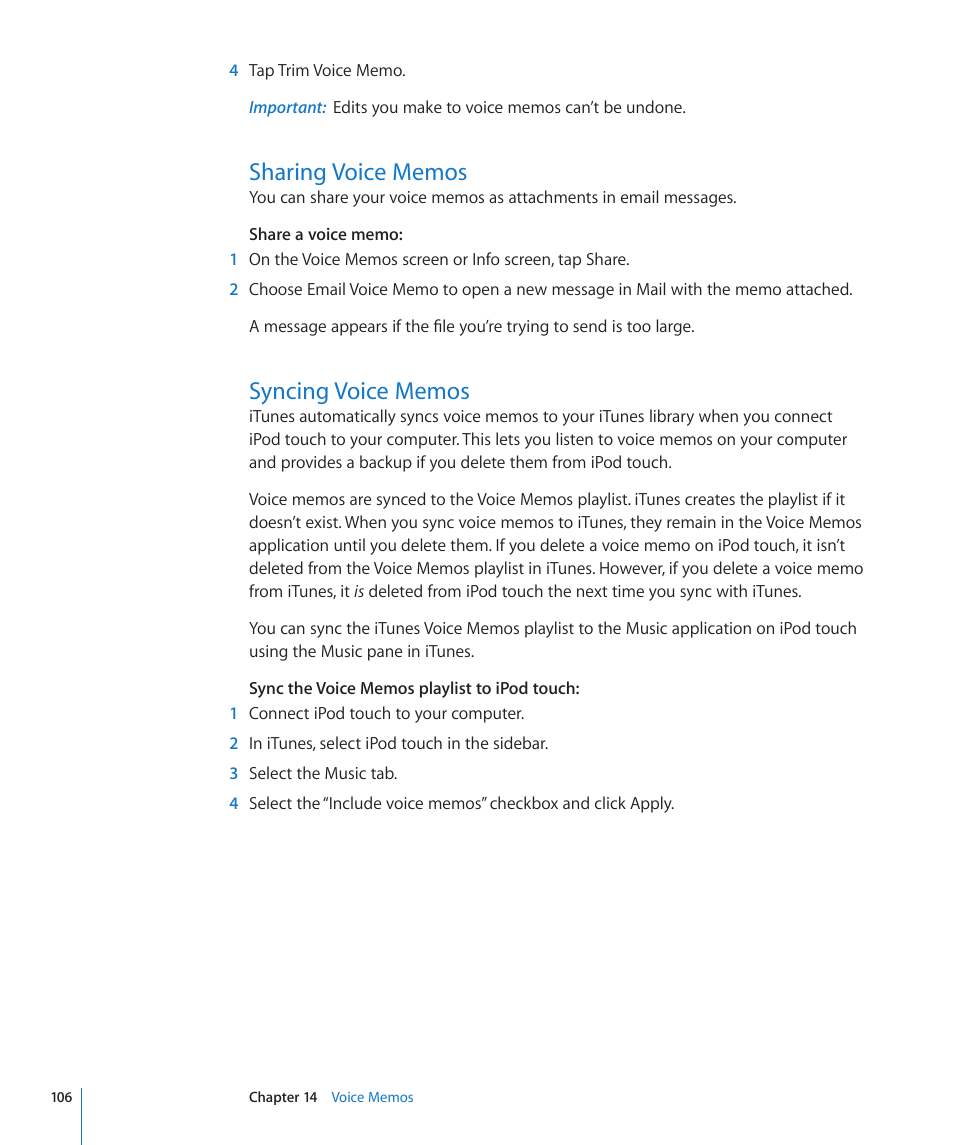 Sharing voice memos, Syncing voice memos, 106 sharing voice memos 106 syncing voice memos | Apple iPod touch iOS 3.1 User Manual | Page 106 / 169