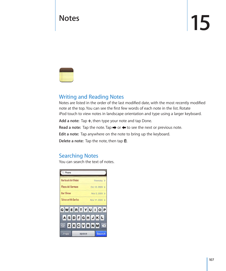 Chapter 15: notes, Writing and reading notes, Searching notes | 107 writing and reading notes 107 searching notes | Apple iPod touch iOS 3.1 User Manual | Page 107 / 169