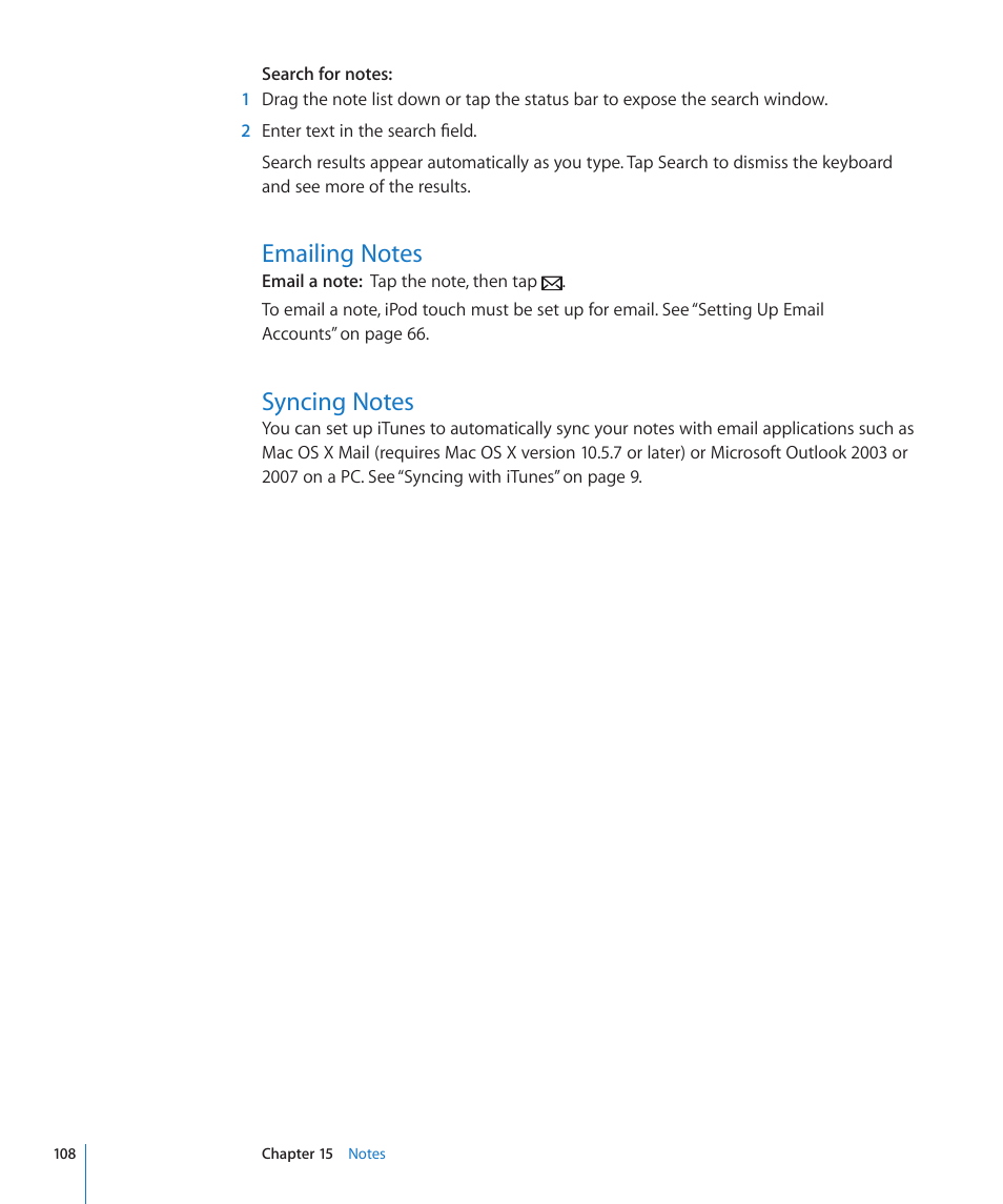 Emailing notes, Syncing notes, 108 emailing notes 108 syncing notes | Apple iPod touch iOS 3.1 User Manual | Page 108 / 169