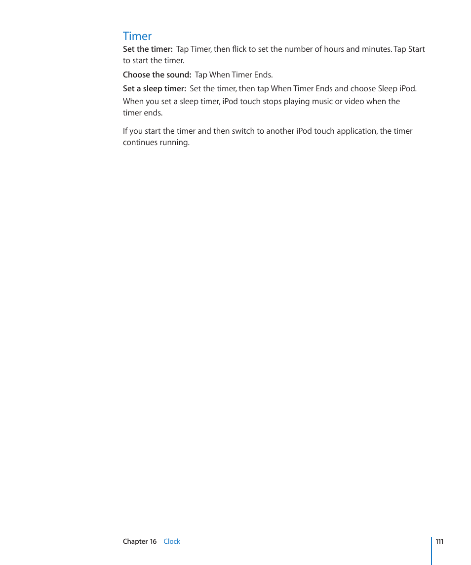 Timer, 111 timer | Apple iPod touch iOS 3.1 User Manual | Page 111 / 169