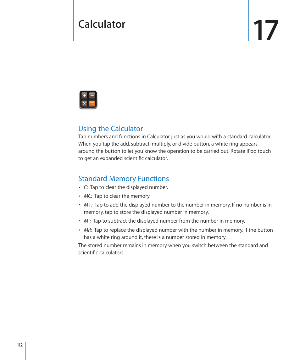 Chapter 17: calculator, Using the calculator, Standard memory functions | Calculator | Apple iPod touch iOS 3.1 User Manual | Page 112 / 169