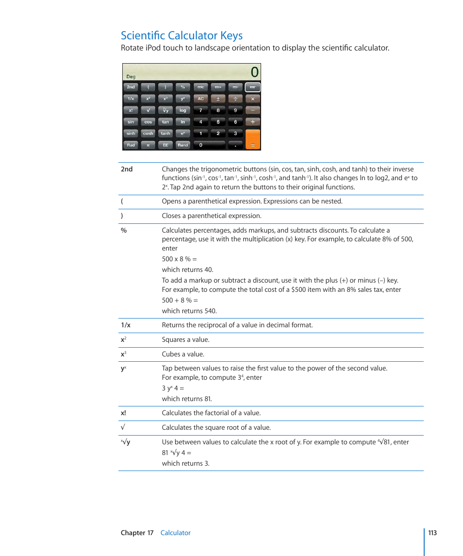 Scientific calculator keys, 113 scientific calculator keys | Apple iPod touch iOS 3.1 User Manual | Page 113 / 169