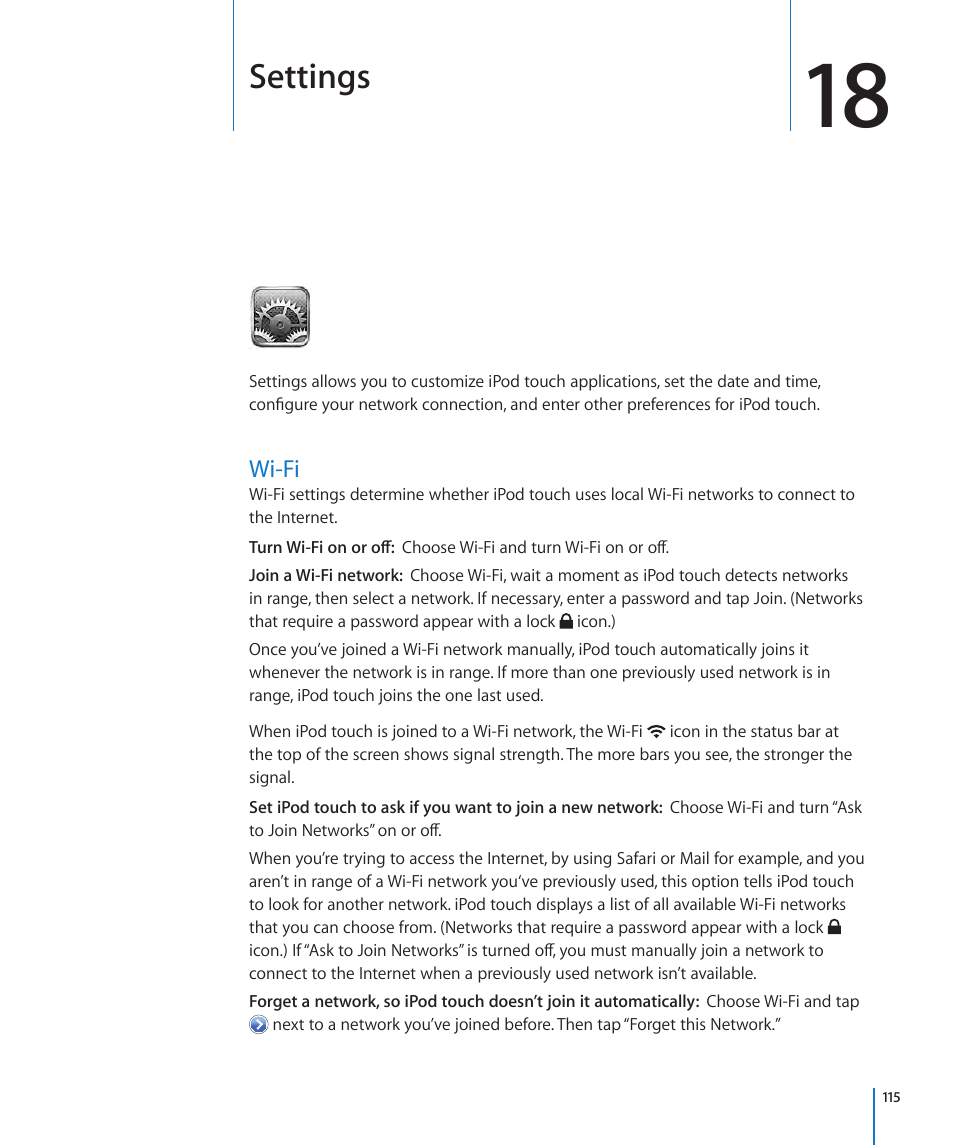 Chapter 18: settings, Wi-fi, 115 wi-fi | Settings | Apple iPod touch iOS 3.1 User Manual | Page 115 / 169