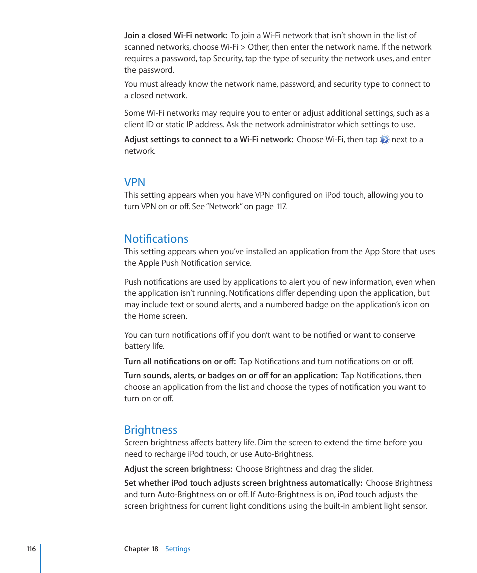Notifications, Brightness, 116 vpn 116 notifications 116 brightness | Apple iPod touch iOS 3.1 User Manual | Page 116 / 169